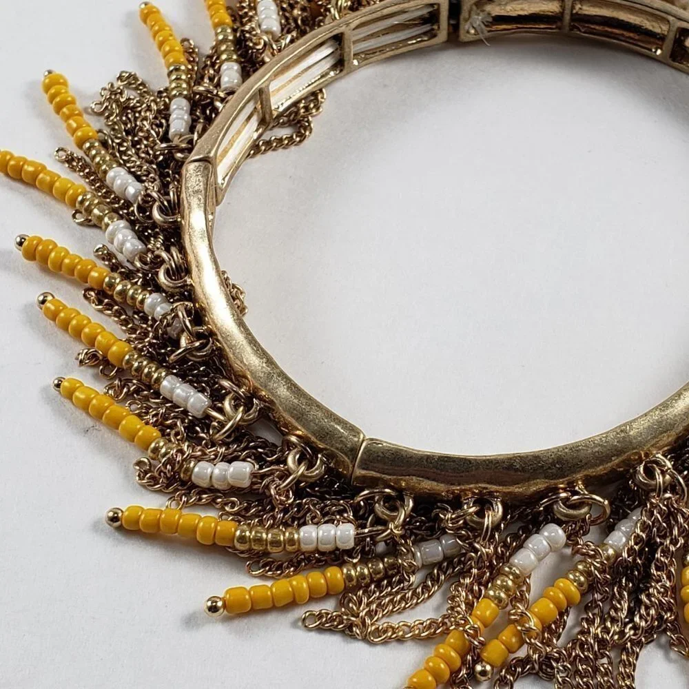 Boho Gold Tone Stretch Bracelet Yellow & White Beaded Fringe – Statement Jewelry